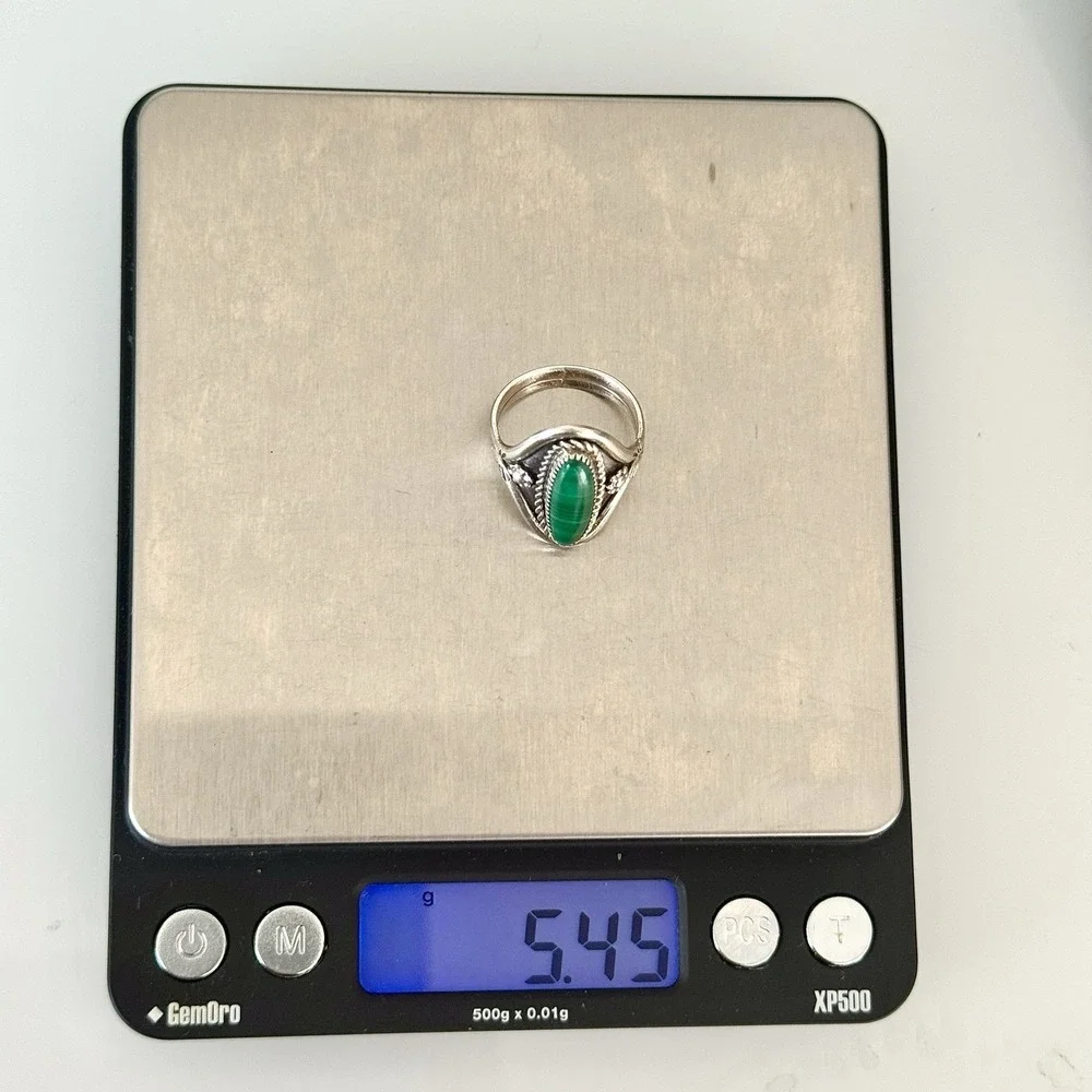 VTG Navajo Green Malachite Ring Sz 7.5 Sterling Flower Signet 1960s Old Native
